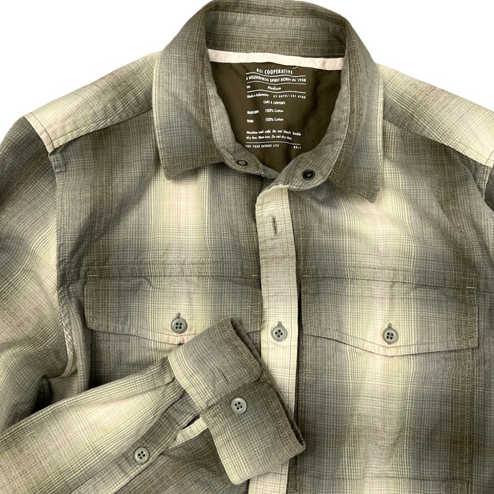 REI Cooperative Shirt Mens Medium Olive Plaid Flannel Western Outdoor‎ Cowboy